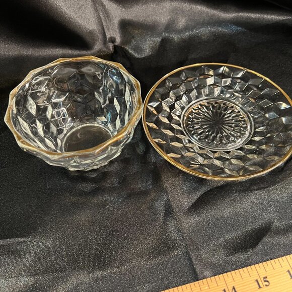 VTG Jeannette Glass Cube Cubist Pattern Mayonnaise Bowl and Underplate Gold Rim - Picture 5 of 13